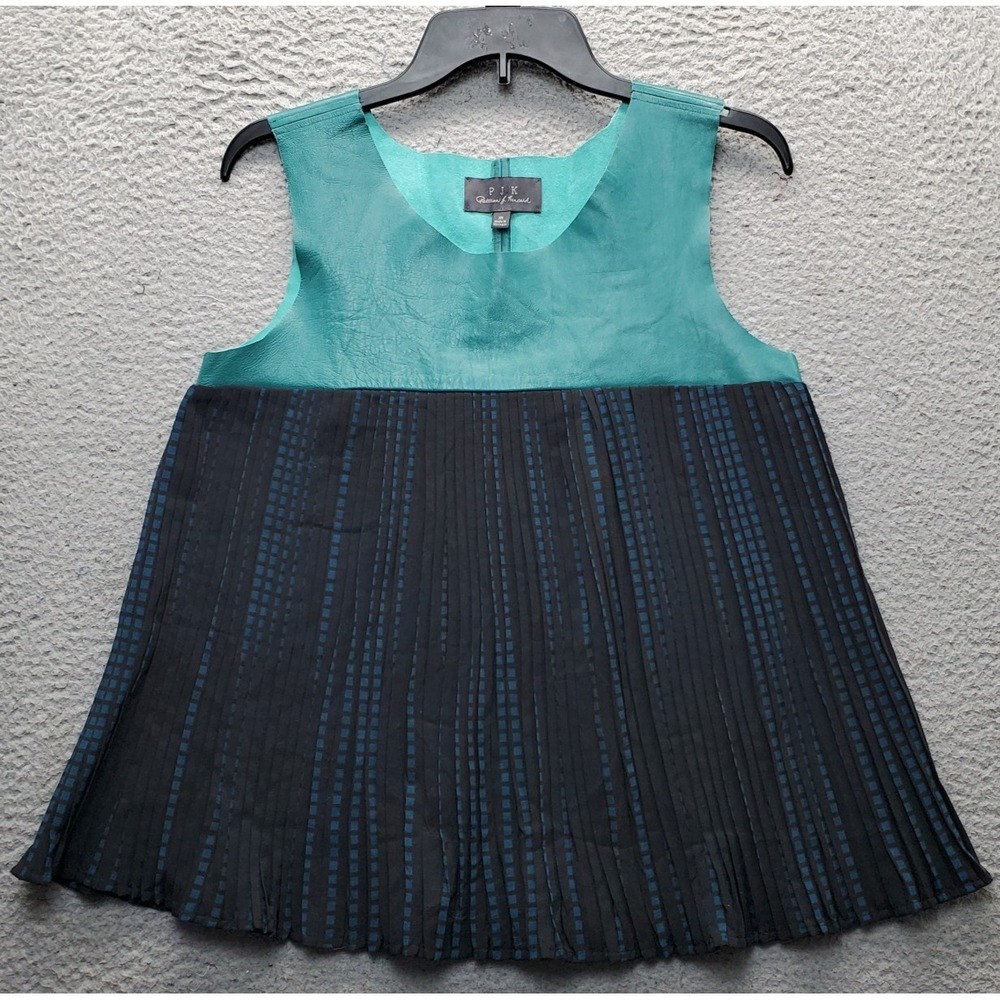 PJK Tank Womens M Multi Green Leather Top w/ Pleated Bottom Round Neck Pullover